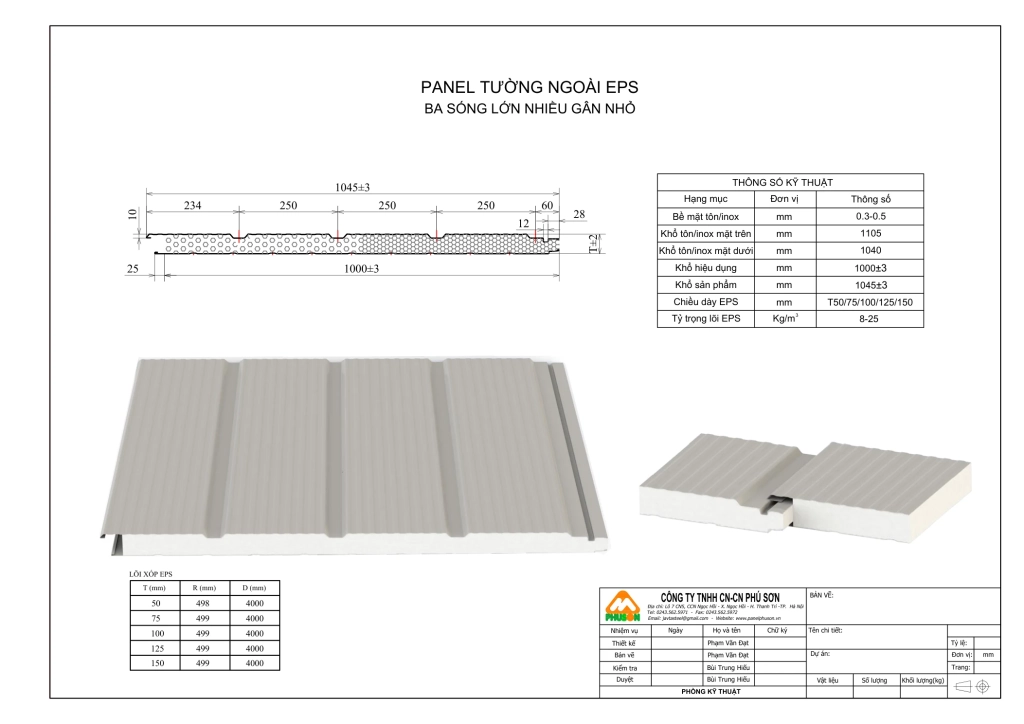 Bản vẽ biên dạng Panel tường ngoài EPS - ba sóng lớn nhiều gân nhỏ