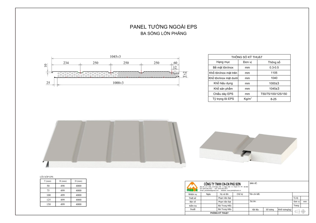 Bản vẽ biên dạng Panel tường ngoài EPS - ba sóng lớn phẳng