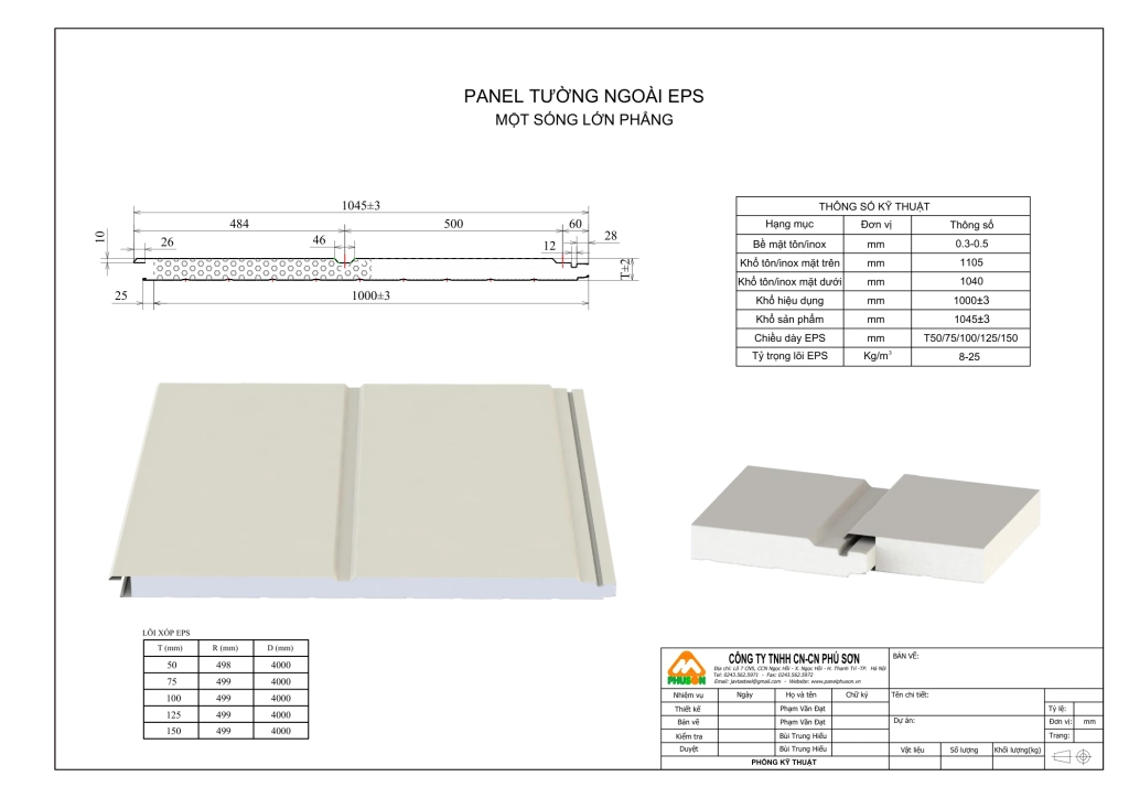 Bản vẽ biên dạng Panel tường ngoài EPS - một sóng lớn phẳng