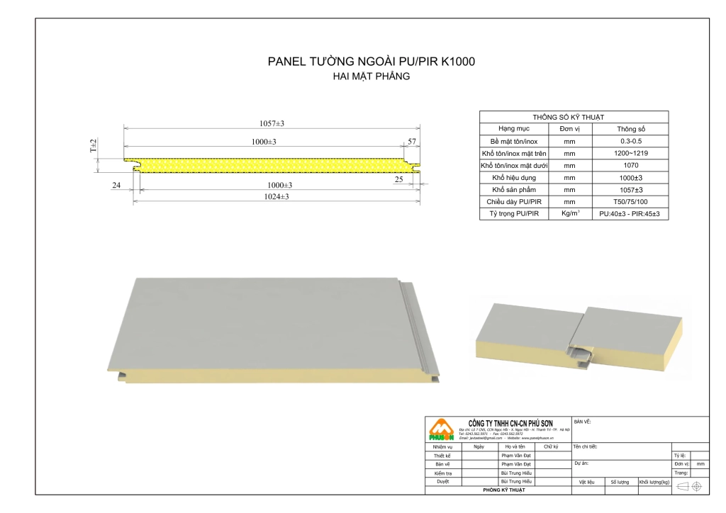 Bản vẽ biên dạng Panel tường ngoài PU/PIR K1000 - hai mặt phẳng