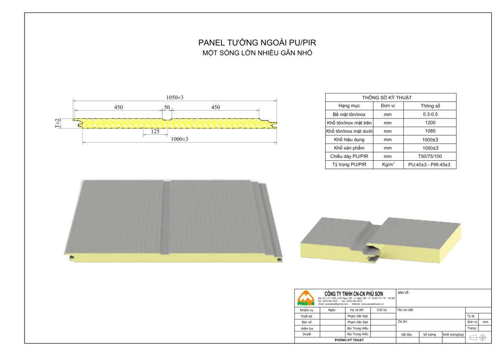 Bản vẽ biên dạng Panel tường ngoài PU/PIR - một sóng lớn nhiều gân nhỏ