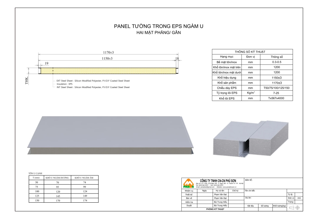 Bản vẽ biên dạng Panel tường trong EPS ngàm U - hai mặt phẳng/gân - Phú Sơn Group
