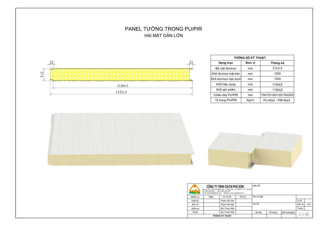 Bản vẽ biên dạng Panel tường trong PU/PIR - hai mặt gân lớn
