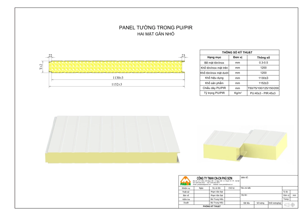 Bản vẽ biên dạng Panel tường trong PU/PIR - hai mặt gân nhỏ
