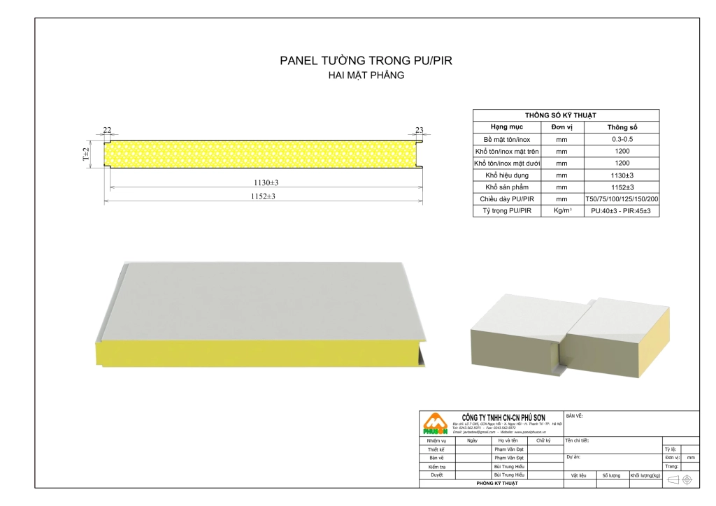 Bản vẽ biên dạng Panel tường trong PU/PIR - hai mặt phẳng - Phú Sơn Group