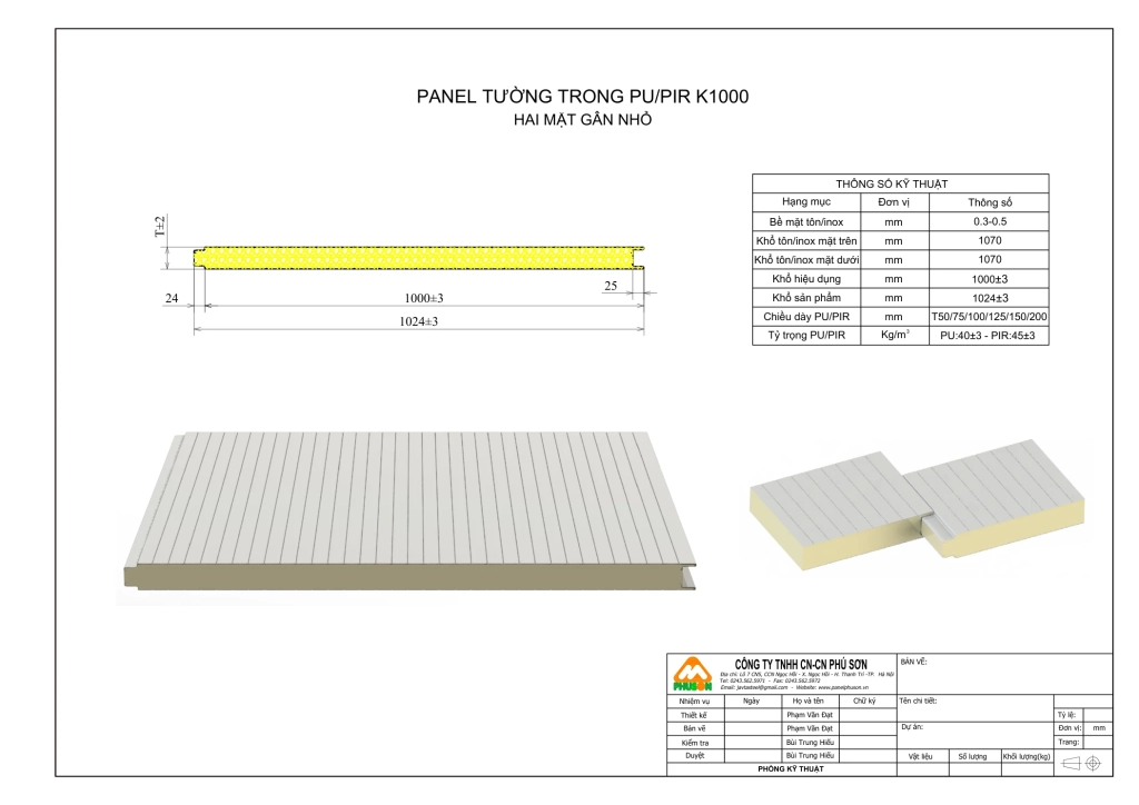 Bản vẽ biên dạng Panel tường trong PU/PIR K1000 - hai mặt gân nhỏ