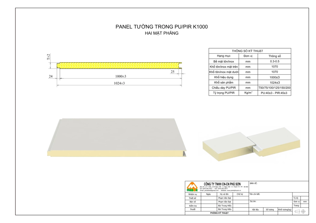 Bản vẽ biên dạng Panel tường trong PU/PIR K1000 - hai mặt phẳng - Phú Sơn Group