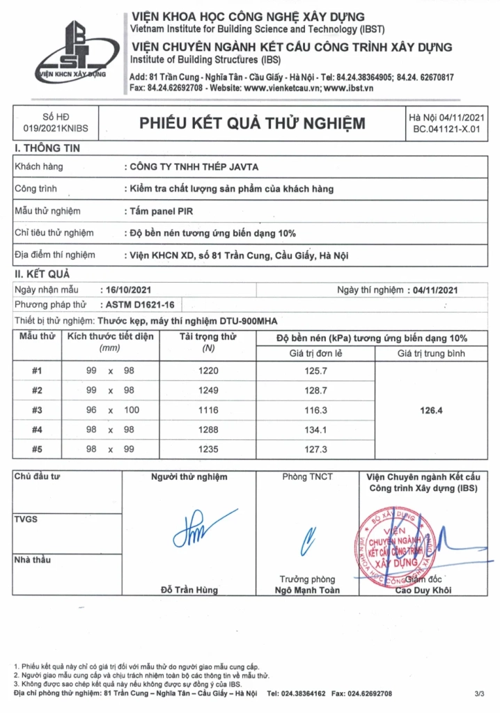 Bìa tài liệu 019-2021 — Độ bền nén panel PIR (162,4 kPa) - Phú Sơn Group
