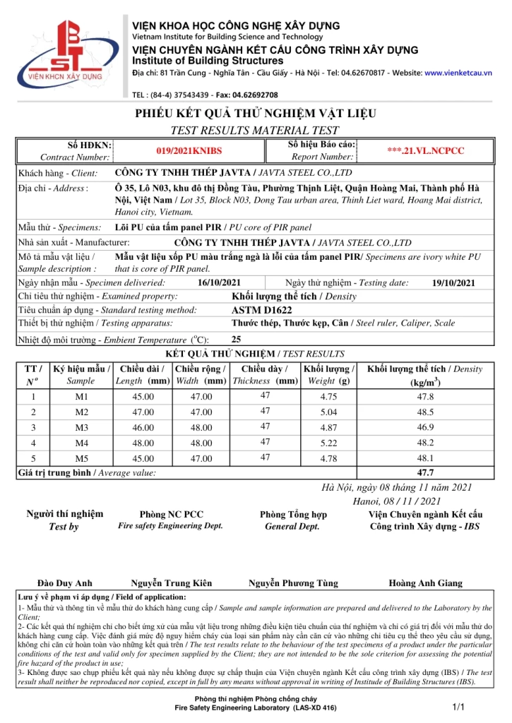 Bìa tài liệu 019-2021 — Khối lượng thể tích panel PIR - Phú Sơn Group