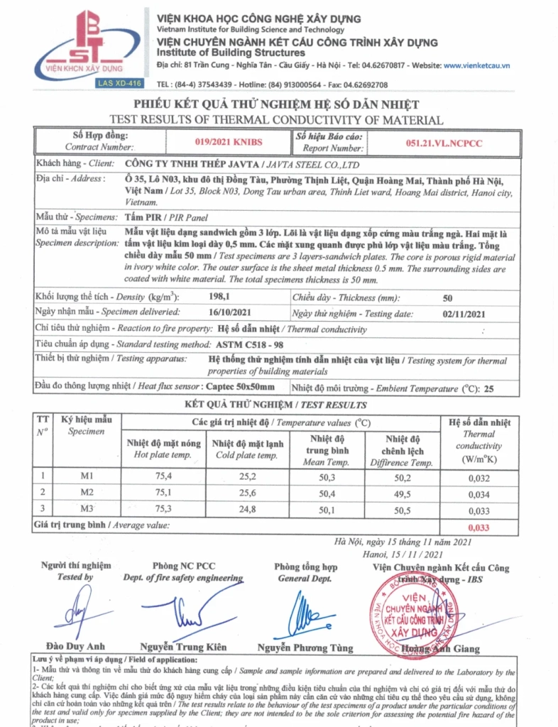 Bìa tài liệu 051.21.VL.NCPCC — Thử nghiệm hệ số dẫn nhiệt - Phú Sơn Group