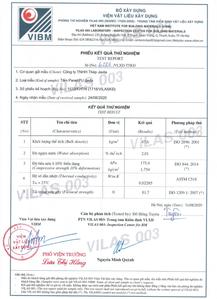 Bìa tài liệu 6201 — Panel PU Javta: 5 chỉ tiêu cơ lý - Phú Sơn Group
