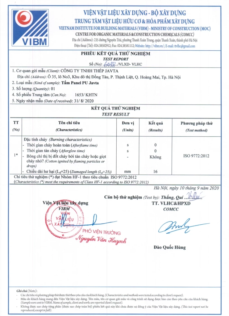 Bìa tài liệu 6438 — Panel PU Javta: đặc tính cháy ISO 9772:2012 - Phú Sơn Group