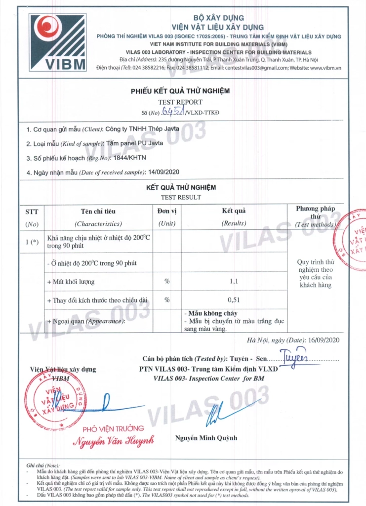 Bìa tài liệu 6451 — Panel PU Javta: chịu nhiệt 200°C trong 90 phút - Phú Sơn Group