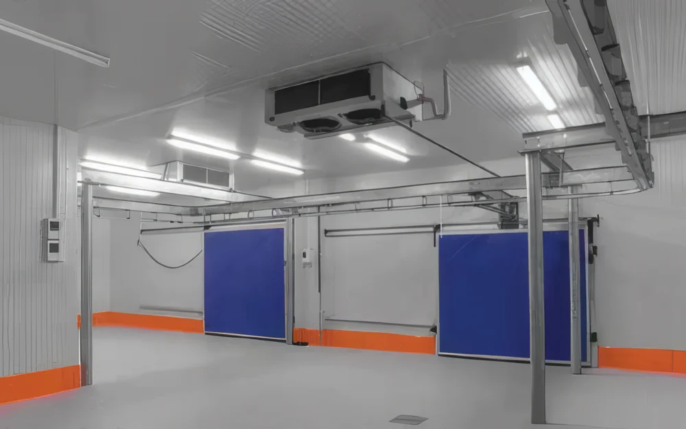 A high-speed roller door inside a cold store