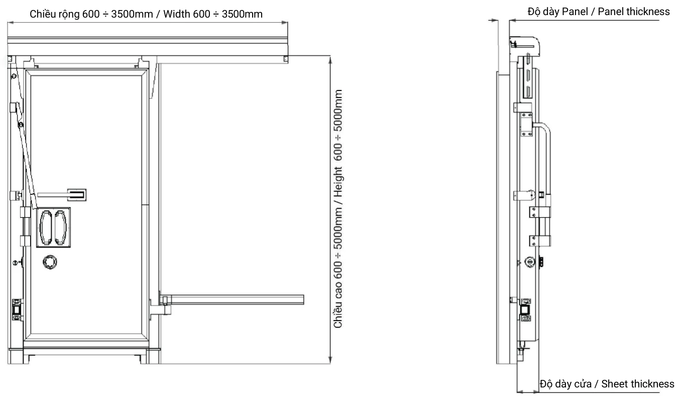 Technical drawing of a Phu Son cold store sliding door